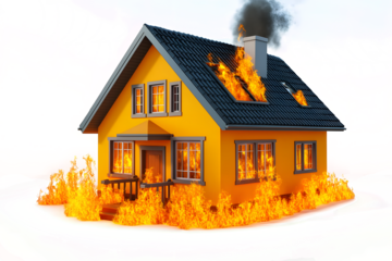 colorful cottage burning with large fire, minimal surroundings