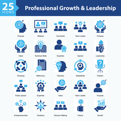 Professional Growth & Leadership is a collection of icons in sheet format showcasing professional development, leadership skills, technical expertise, and visionary direction in modern work environmen