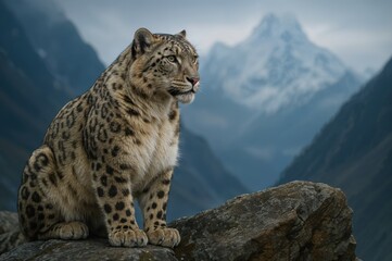 A snow leopard sits gracefully on a rugged rock, gazing into the distance as twilight descends upon the breathtaking Himalayan landscape, shrouded in mystery and beauty.