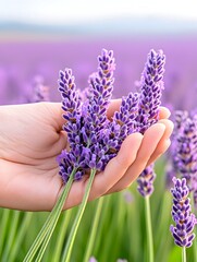 Hand gently cradles a bouquet of vibrant purple lavender blossoms against a blurred field of lavender