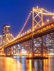 Fototapeta premium Illuminated suspension bridge at night, spanning a city skyline reflected in calm waters