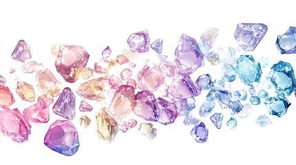 Colorful gemstone crystals floating on white.