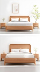 Light wood platform bed with curved headboard, minimalist nightstands, and white bedding in a bright room