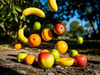Assorted Fruits in Mid-Air