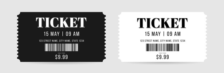 Obraz premium Classic set of entrance tickets. Black and white vector illustration isolated. Entry template for cinema, theater, show, amusement and more