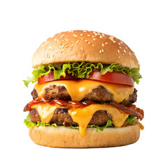 Burger with Beef Meat Cutlet, Cheese, Vegetables and Lettuce. PNG.