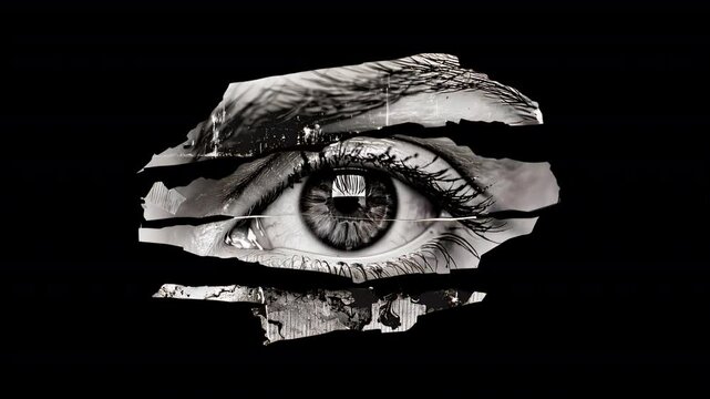 Ripped paper blinking eye animation isolated asset, transparent 4K video, alpha channel, ProRes 4444
