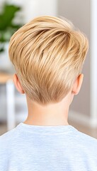 Rear view of a boy with short, layered, light blonde hair
