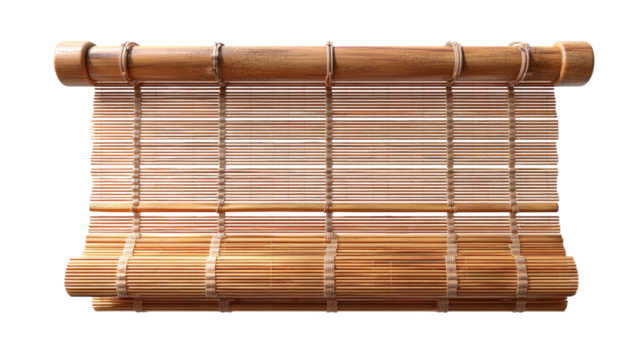 Bamboo Window Blinds: A close-up shot of bamboo window blinds showcases the natural texture and warm tones, creating a simple backdrop, suggesting privacy and understated elegance.