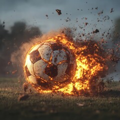 Fototapeta premium Fiery, battered soccer ball erupts in flames on a field.