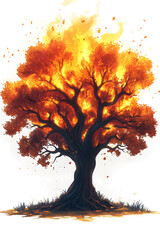 Obraz premium oak tree engulfed in flames, thick branches ablaze, stylized fire and smoke