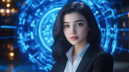 Obraz premium Confident professional woman in suit and tie against a vibrant blue circular backdrop