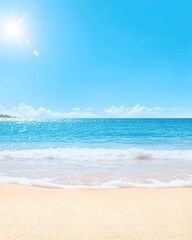 Fototapeta premium Sunny beach scene with calm blue ocean, white sand, and a distant shoreline under a bright sun