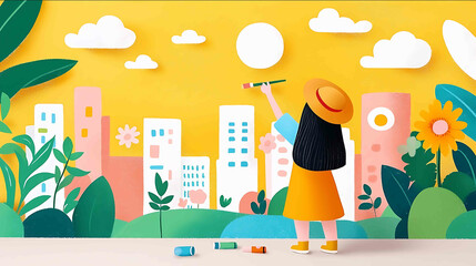 Motion clip illustration pastel of a street artist painting a vibrant summer mural capturing the warmth and energy of city life