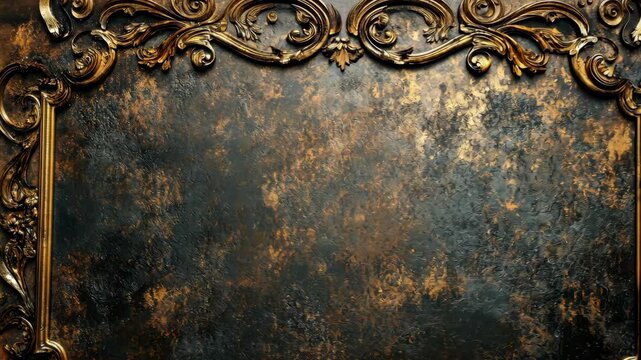Ornate gold frame encloses dark, textured metallic background.  Ideal for design