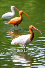 Obraz premium Three wading birds, two rufous and one white, stand in calm green water, reflections visible