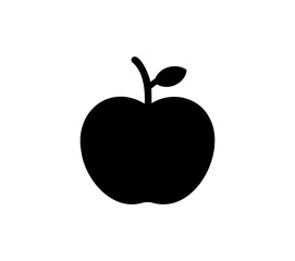 Minimalist black apple silhouette with stem and leaf, simple fruit symbol, food icon, sign or emblem. on a transparent background