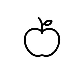 Minimalist line drawing depicting a whole apple with stem and leaf, simple outline illustration, black fruit silhouette on a transparent background