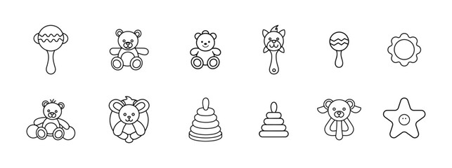 Outlined collection of baby toys including rattle, bear, pyramid and starfish for newborn, infant isolated drawing on a transparent background