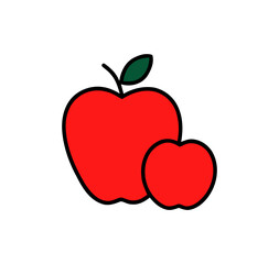 Depicts two simplistic red apples, one larger with a leaf, and a smaller one beside it, outlined in black. on a transparent background
