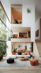 Modern, minimalist open-plan home with natural light and warm tones
