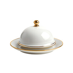 Elegant white ceramic butter dish with removable lid and gold rim, isolated on a pure white background 