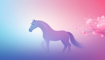 Naklejka premium Chine New Year greeting concept, horse on fire, red lanterns, cherry blossom flower and tree, and red background