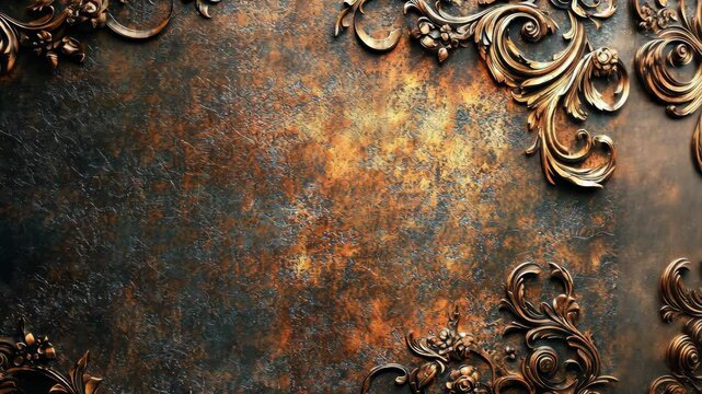 Ornate metallic background with textured, aged surface and decorative corner embellishments