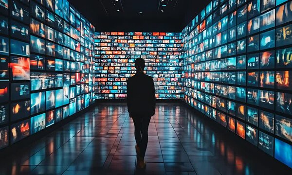 Person surrounded by many screens, walking in a hall of endless screens showing different scenes