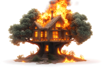 cartoon treehouse burning among branches, whimsical style
