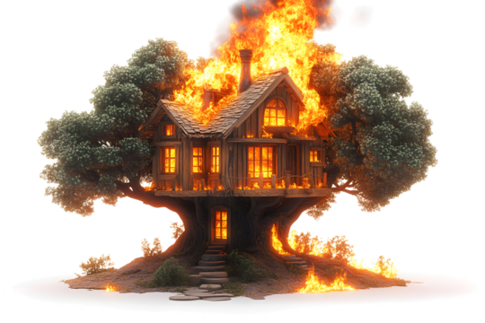 cartoon treehouse burning among branches, whimsical style