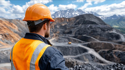 Large quarry dump truck Big yellow mining truck at work site Loading coal into body truck Production useful minerals Mining truck mining machinery to transport coal from openpit prod