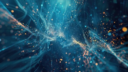 Obraz premium Abstract picture micro light sparkling particle represent data flow vivid flowing wave with high tech background, create digital effect scene perfect for energetic and fantasy wallpaper design. AIG53.