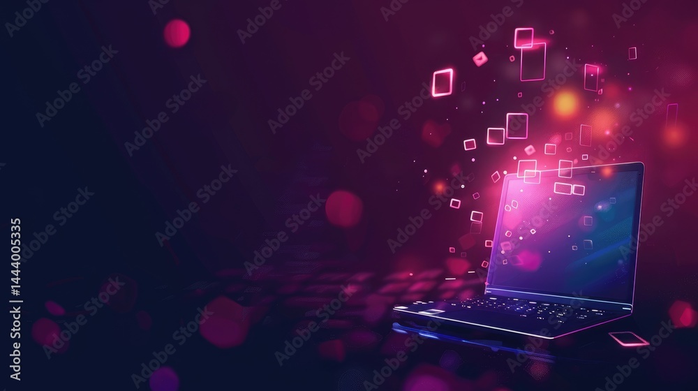 Poster futuristic digital interface with glowing neon icons and devices. technology background for innovati