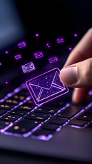 A finger interacts with glowing email icons above a backlit keyboard, symbolizing digital communication and inbox management