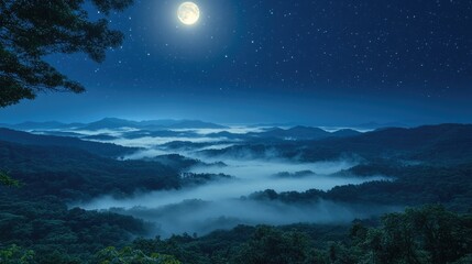 Fototapeta premium The moon shining over rolling fog above a forest canopy seen from a high viewpoint