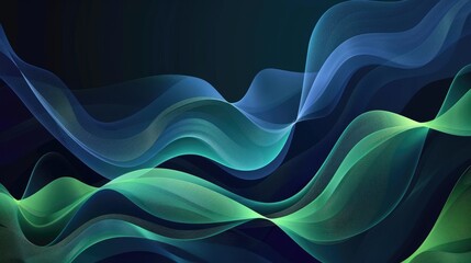 Abstract dark background with green and blue wavy lines. Background image of green and blue digital wave with dark blue background. Digital art for futuristic and modern design. Curve line. AIG51.