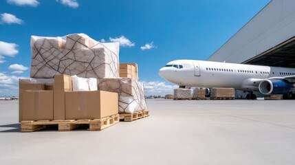 Cargo boxes and pallets loaded at airport for air freight