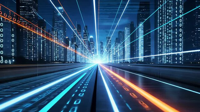 Abstract digital speed lines flowing through futuristic glowing city at night