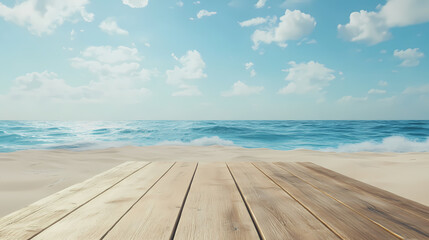 Fototapeta premium Wooden floor or plank on sand beach in summer, calm sea and blue sky background. [Surreal Oceans] | Sapphire Shores | blue sands. Illustration
