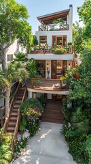 Modern, multi-level home with lush gardens