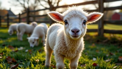 Fototapeta premium Playful lambs frolicking in pasture farmyard animal photography countryside close-up nature's innocence