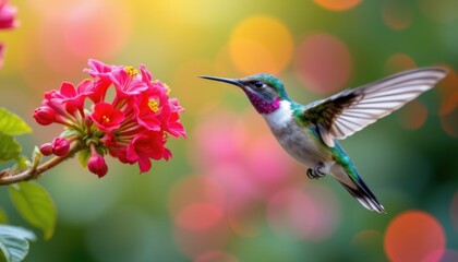 Fototapeta premium Hummingbird feeding on vibrant flowers tropical garden nature photography colorful environment close-up view beauty of wildlife