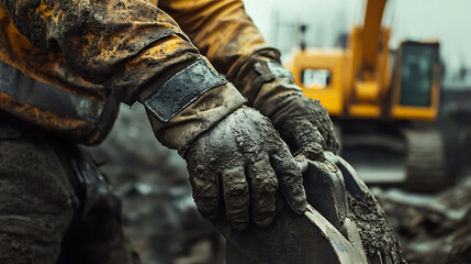 Construction Worker in Mud with Excavator in Background