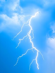 A vibrant lightning bolt streaks across a blue sky, partially obscured by clouds