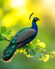 A vibrant peacock perched on a branch, showcasing its iridescent plumage against a sunlit, green background