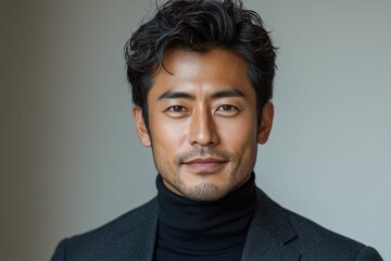 Fototapeta premium Stylish men in black suits and turtlenecks pose confidently against clean white backgrounds in modern studio portraits.