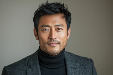 Obraz premium Stylish men in black suits and turtlenecks pose confidently against clean white backgrounds in modern studio portraits.