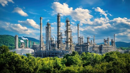 Obraz premium industrial landscape featuring a vast oil refinery complex blending with green foliage under a vibrant blue sky symbolizing the intersection of industry