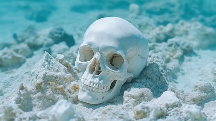 A white human skull partially buried in sandy ocean floor, surrounded by coral and underwater rocks, and eerie and mysterious underwater scene.